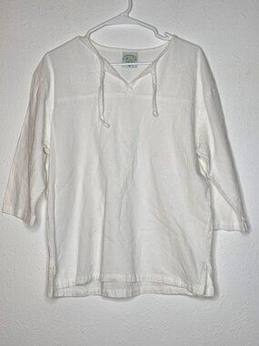 Drawstrings of Malibu 100% Cotton Popover Split Neck Tunic Top White Small